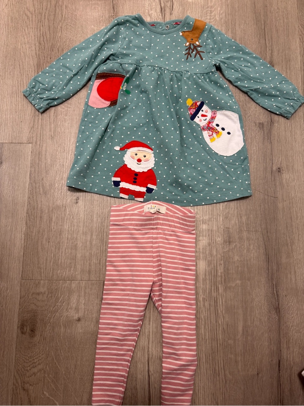 Mini Boden Holiday Dress with Red Santa & Pink Striped Leggings Size 12-18M
